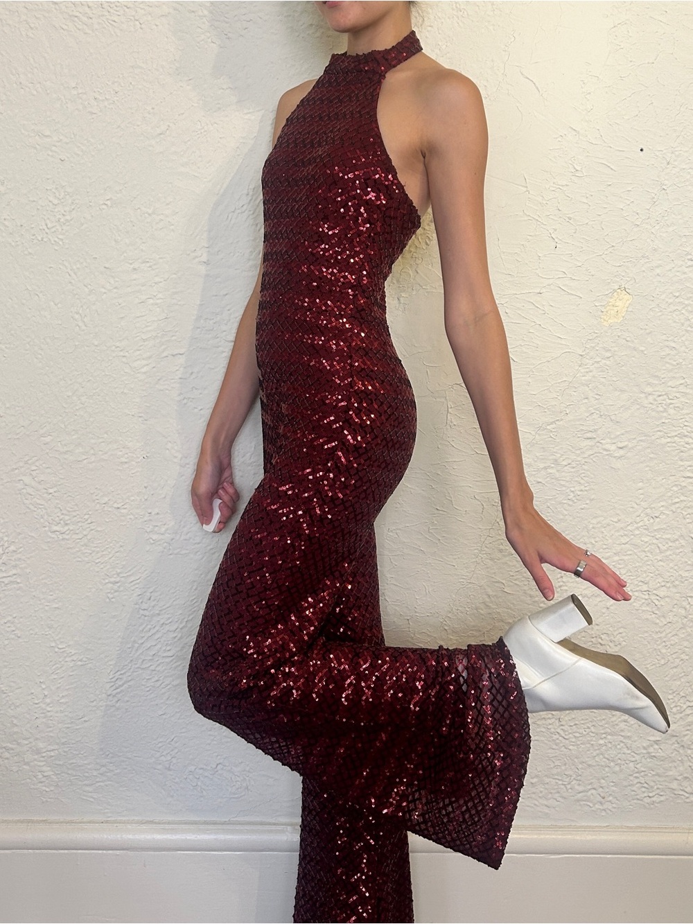 Premier Burgundy Sequin Halter Maxi Dress